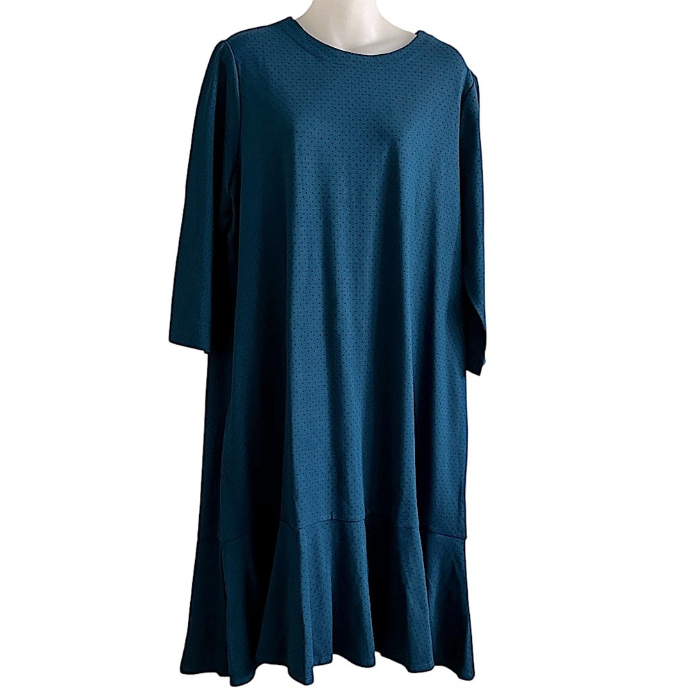 J. Jill Ponte Oxford Blue Black Polka Dot Ruffle Flounced Dress, XL Women’s